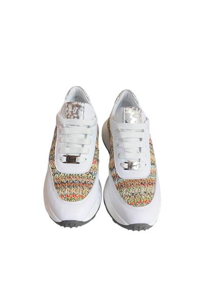 Beyaz Hakiki Deri  Hasır Desenli Comfort Taban Bağcıklı Sneaker