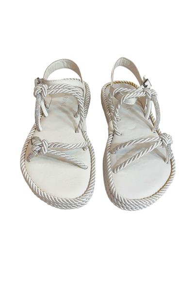 Beyaz Hakiki Deri Taş Detay İpli Comfort Taban Sandalet