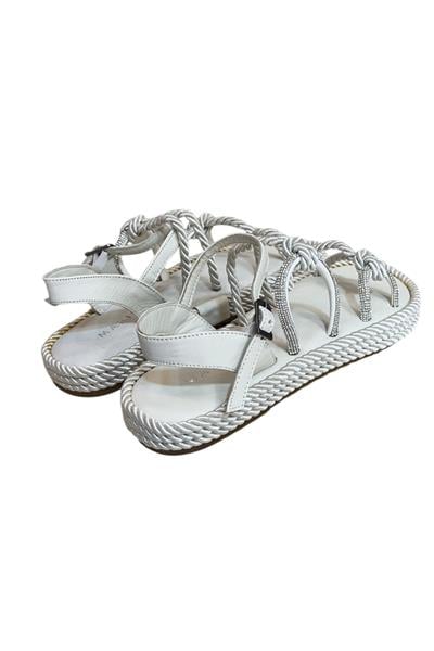 Beyaz Hakiki Deri Taş Detay İpli Comfort Taban Sandalet