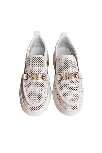 Beyaz Hakiki Deri Taşlı Toka Detaylı Ultra Hafif Sneaker