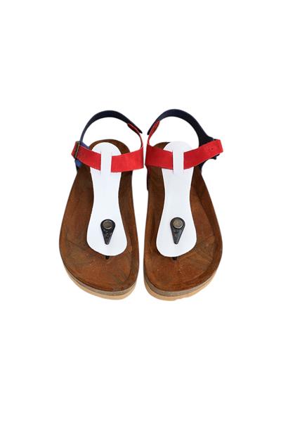 Beyaz Multi Hakiki Deri Parmak Arası Mantar Taban Tokalı Sandalet 