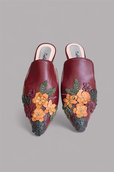 Bordo  Hakiki Deri Çiçek Motifli El Yapımı Terlik