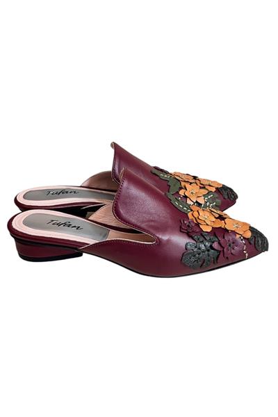Bordo  Hakiki Deri Çiçek Motifli El Yapımı Terlik