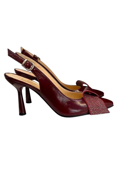 Bordo Hakiki Deri Rugan Arkası Açık Topuklu Ayakkabı