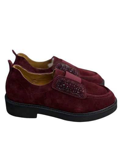 Bordo Hakiki Deri Süet Taş Detay Comfort  Loafer