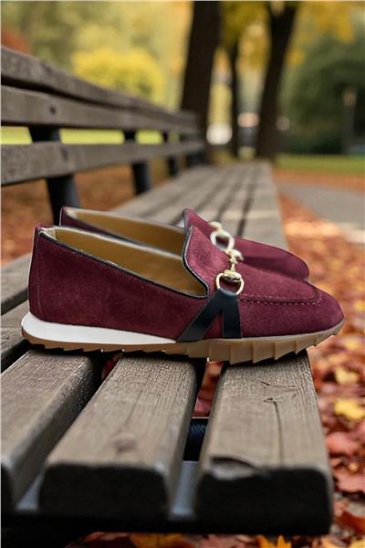 Bordo Hakiki Deri Süet Toka Detay Comfort Taban Spor Loafer