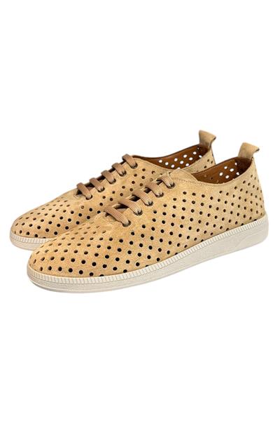 Camel Hakiki Deri Süet Delikli Comfort Taban Bağcıklı Ayakkabı