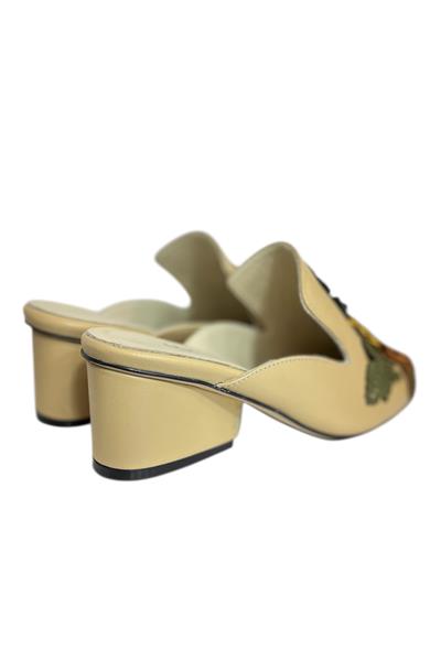 Sarı Hakiki  Deri Çiçek Motifli El Yapımı Terlik