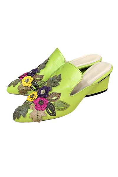 Fıstık Yeşil  Hakiki Deri Çiçek Motifli El Yapımı Terlik