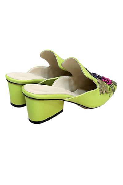 Fıstık Yeşil  Hakiki Deri Çiçek Motifli El Yapımı Terlik