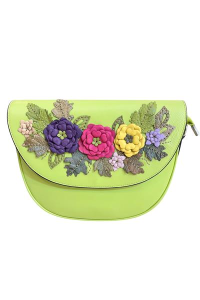 Fıstık Yeşili  Hakiki Deri Çiçek Motifli El  Yapımı Çapraz Çanta