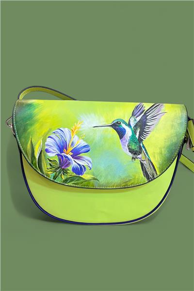 Fıstık Yeşili Hakiki Deri Kuş Desenli Elde Boyama Çapraz Çanta