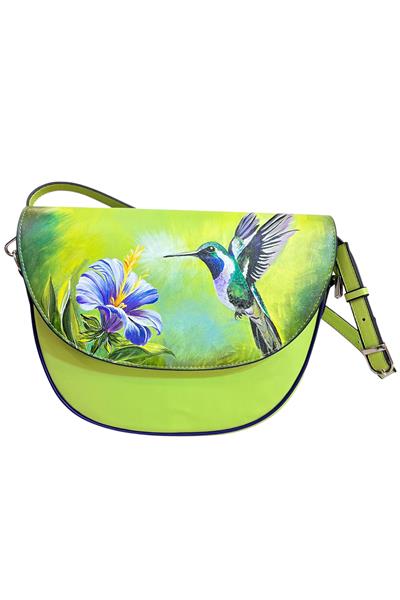 Fıstık Yeşili Hakiki Deri Kuş Desenli Elde Boyama Çapraz Çanta
