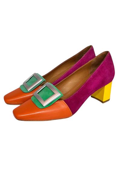 Fuşya  Hakiki Deri Önden Toka Detaylı Topuklu Ayakkabı