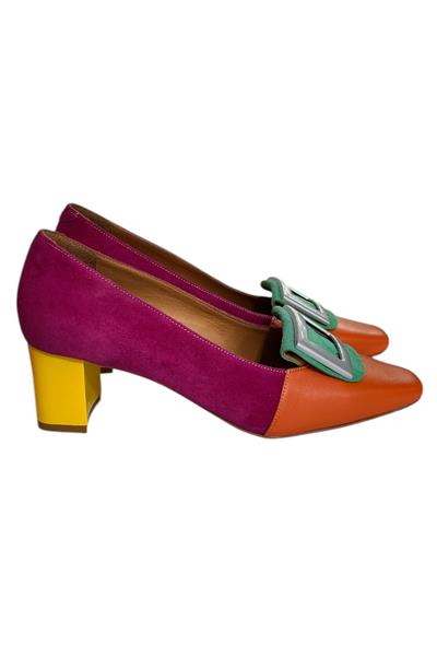 Fuşya  Hakiki Deri Önden Toka Detaylı Topuklu Ayakkabı