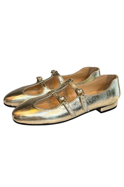 Gold Hakiki  Deri Çift Bantlı Babet Ayakkabı