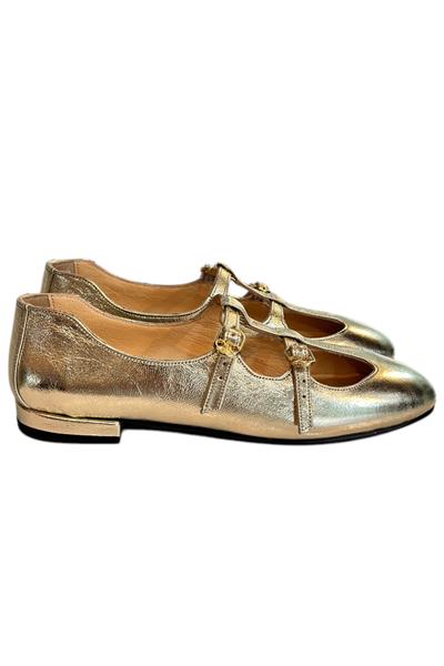 Gold Hakiki  Deri Çift Bantlı Babet Ayakkabı