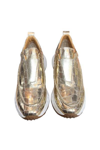 Gold Hakiki Deri Krokodil Desen Comfort Taban Sneaker