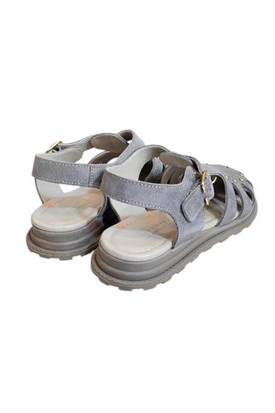 Gri Hakiki Deri Süet Burnu Kapalı Arkası Açık Troklu Sandalet