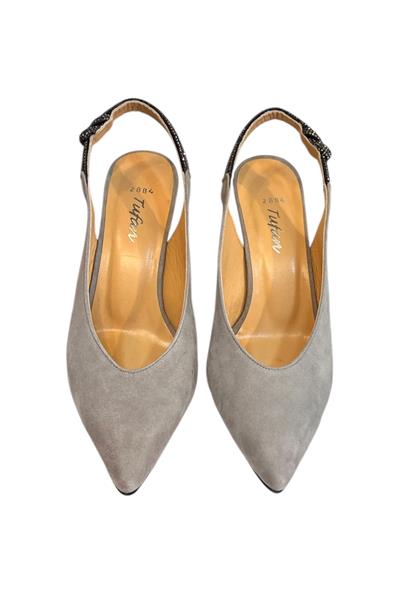 Gri Hakiki Deri Süet Kristal Taş Bantlı Arkası Açık Topuklu Ayakkabı