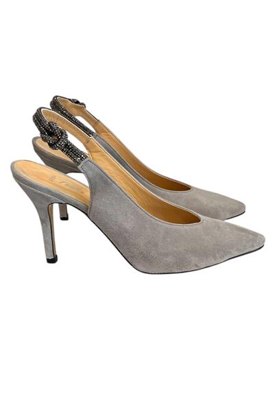 Gri Hakiki Deri Süet Kristal Taş Bantlı Arkası Açık Topuklu Ayakkabı