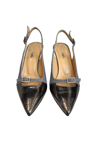 Gri Hakiki Deri Süet Toka Detay Arkası Açık Topuklu Ayakkabı