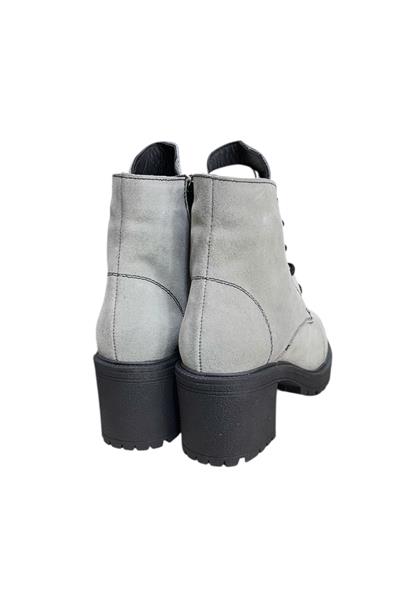 Gri Hakiki Süet  Bağcık Detay  Yandan Fermuarlı Kalın Topuk Bot