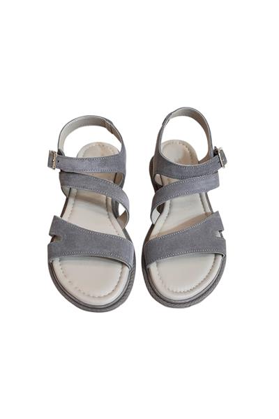 Gri Hakiki Süet Deri Çapraz Bantlı Sandalet 