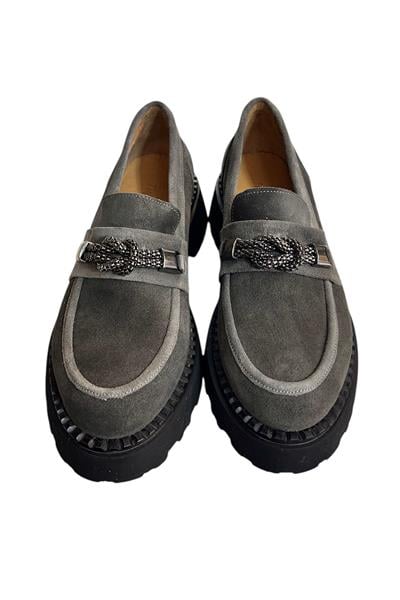 Gri Hakiki Süet Deri Kalın Taban Loafer
