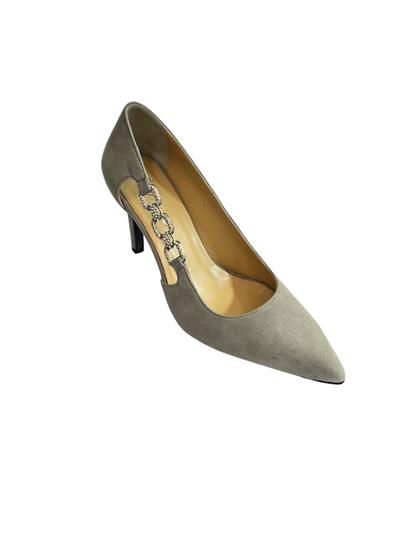 Gri Hakiki Süet Deri Taşlı Zincir Detay Topuklu Ayakkabı