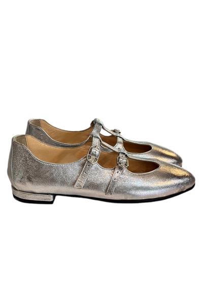 Gümüş Hakiki  Deri Çift Bantlı Babet Ayakkabı