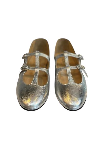 Gümüş Hakiki  Deri Çift Bantlı Babet Ayakkabı