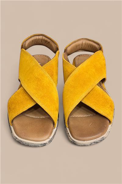 Hardal Hakiki Süet Deri Çapraz Bant Comfort Taban Sandalet