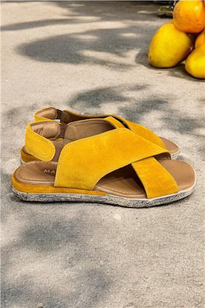 Hardal Hakiki Süet Deri Çapraz Bant Comfort Taban Sandalet