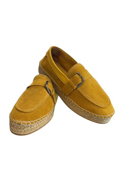 Hardal Hakiki Süet Hasır Taban Tokalı Loafer 