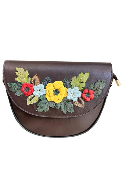 Kahve Hakiki Deri Çiçek Motifli El Yapımı Çapraz  Çanta