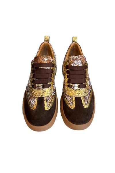 Kahve Hakiki Deri Desenli Comfort Taban Bağcıklı Sneaker