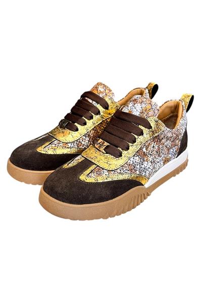 Kahve Hakiki Deri Desenli Comfort Taban Bağcıklı Sneaker