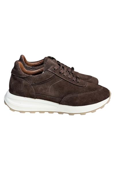 Kahve Hakiki Deri Süet Bağcıklı Comfort Sneaker