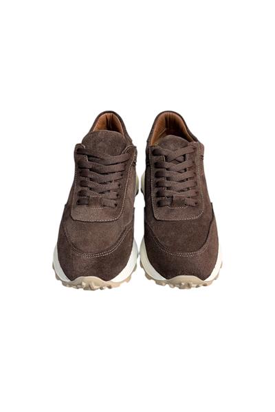 Kahve Hakiki Deri Süet Bağcıklı Comfort Sneaker
