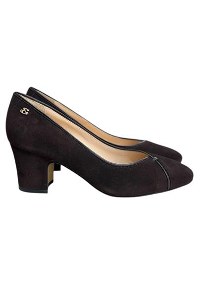 Kahve Hakiki Deri Süet Biye Detay Topuklu Ayakkabı