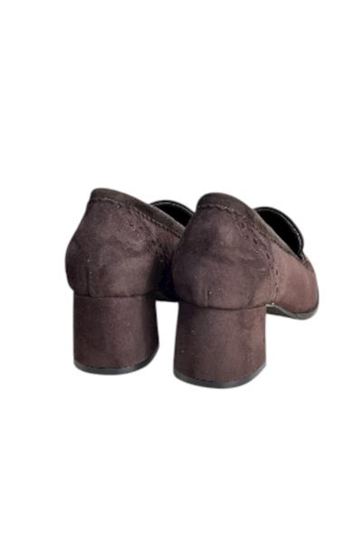 Kahve Hakiki Deri Süet Püskül Detay Topuklu Ayakkabı