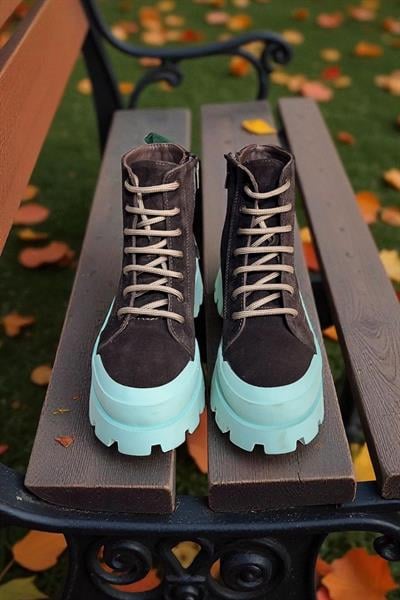 Kahve Hakiki Süet İçi Kürklü Mavi Taban Yandan Fermuarlı Bot