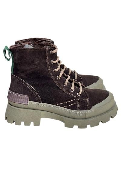 Kahve Hakiki Süet İçi Kürklü Yeşil Taban Yandan Fermuarlı Bot