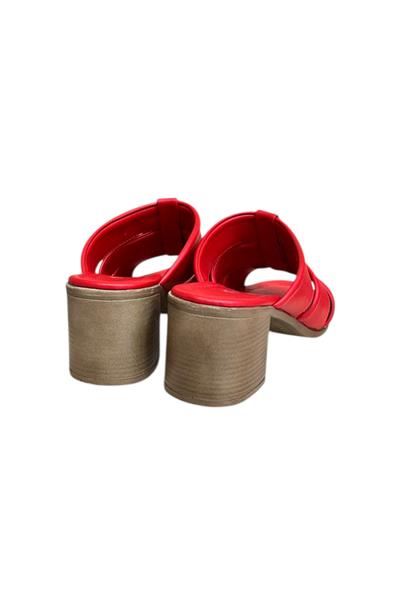 Kırmızı Hakiki Deri Bant Detaylı Topuklu Comfort Taban Terlik