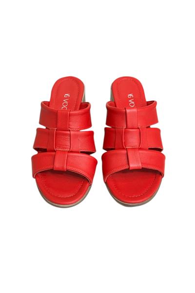 Kırmızı Hakiki Deri Bant Detaylı Topuklu Comfort Taban Terlik