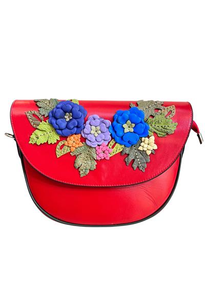 Kırmızı Hakiki Deri Çiçek Motifli El Yapımı Çapraz Çanta