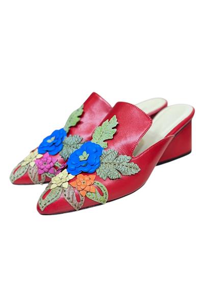 Kırmızı  Hakiki Deri Çiçek Motifli El Yapımı Terlik