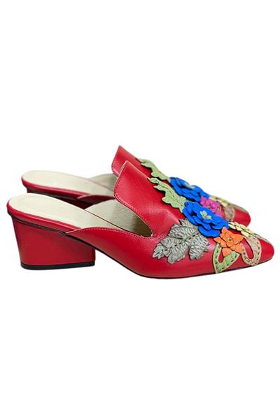Kırmızı  Hakiki Deri Çiçek Motifli El Yapımı Terlik