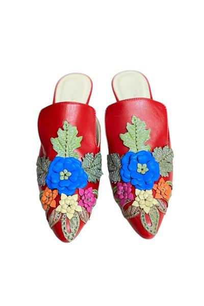 Kırmızı  Hakiki Deri Çiçek Motifli El Yapımı Terlik
